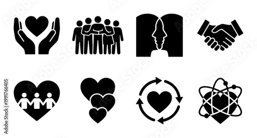 Community support and charity icons set, black silhouette people and heart symbols vector, social care and partnership collection for non-profit organizations