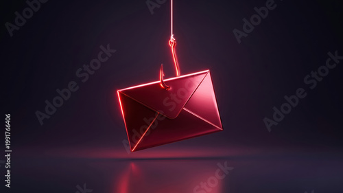 Phishing email on hook, social engineering spam message, dark background