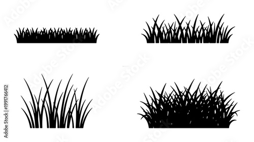 Black grass silhouette vector set, 4 organic meadow lawn tufts, botanical field plant border elements, minimalist nature landscape icons