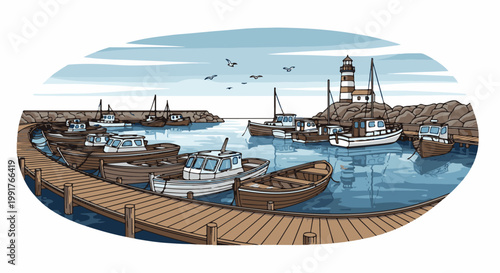 A picturesque harbor scene with docked boats, a lighthouse, and seagulls in the sky