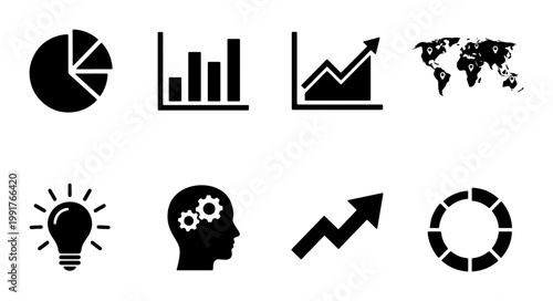 Business data visualization icon set, black infographic charts and financial growth symbols, 8 vector elements for corporate reports