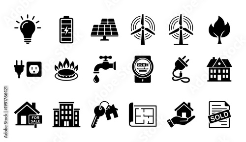 Renewable energy and real estate icons set, 18 black vector symbols for sustainable housing, green power and utility management graphics