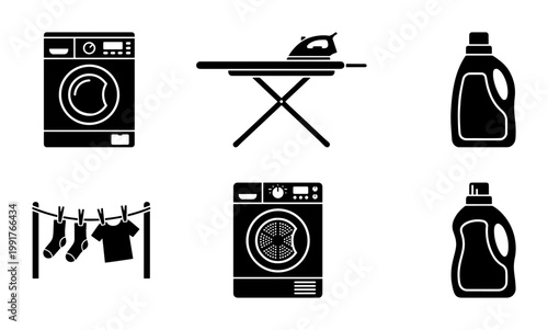 Laundry service icon set with washing machine and ironing board, black silhouette household appliances, 6 vector elements for cleaning and housework
