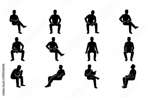 Black silhouette set of 12 sitting men, male human figures in seated poses, flat vector collection of people silhouettes for architectural visualization