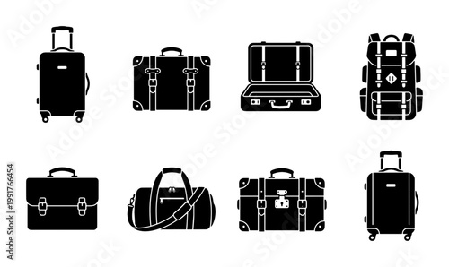 Travel luggage icon set, black silhouette suitcase and baggage collection, 8 vector elements for vacation and business trip planning