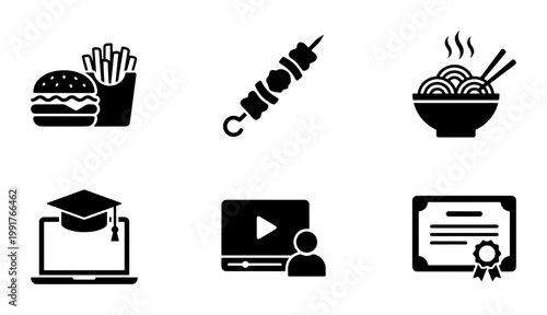 Minimalist black food and education icons set, 6 vector elements for fast food delivery and online learning, solid glyph symbols for web design
