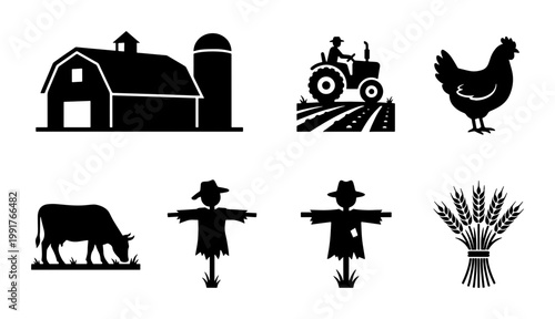 Farming and agriculture icon set, black silhouette farm elements with tractor and barn, 7 vector illustrations of livestock and wheat for rural design