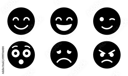 Minimalist emoji icon set, solid black facial expression symbols, collection of 6 vector emoticons for user interface and feedback design
