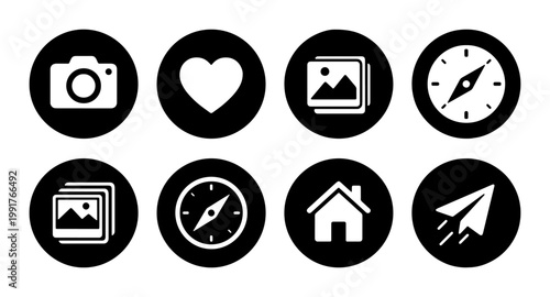 Minimalist social media icons set, black circle web buttons collection, 8 white vector symbols for mobile app interface and website navigation