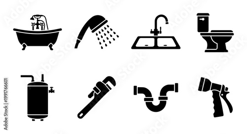 Plumbing and bathroom icons set, black silhouette sanitary equipment collection, 8 vector elements for home repair and maintenance services