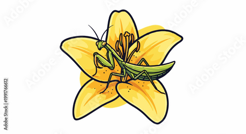 A green praying mantis rests on a vibrant yellow flower with intricate petal details