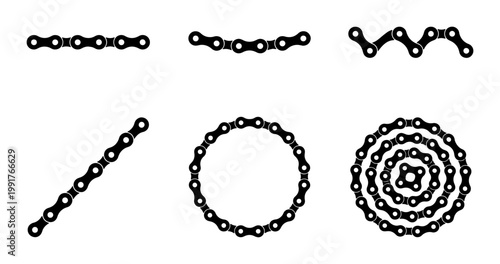 Bicycle chain vector icons set, black bike chain link silhouettes in circle and line shapes, industrial metal chain elements for cycling logos