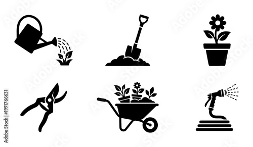 Gardening icon set with black silhouette tools, collection of 6 garden equipment symbols, watering can and shovel vector illustrations for landscaping