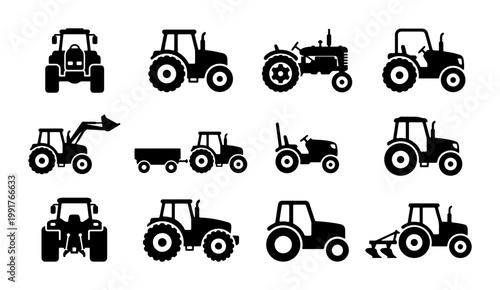 Agricultural tractor icons set, black farm vehicle silhouettes, collection of 12 heavy machinery vector symbols for agribusiness and farming industry