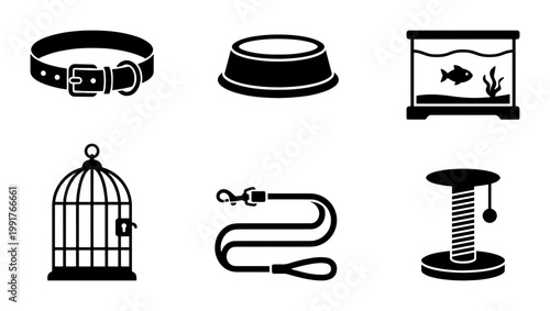 Pet shop icons set, black silhouette pet care equipment collection, animal supplies including dog collar, leash, bird cage, and fish aquarium vector