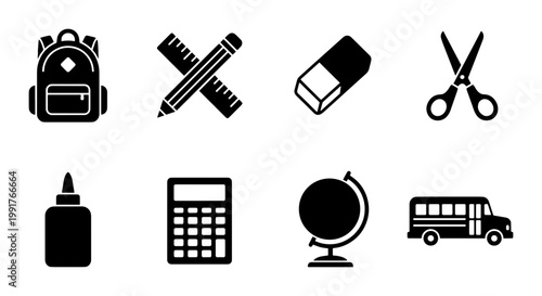 School supplies icon set, 8 black vector silhouettes of education equipment, back to school stationery symbols for student learning and classroom projects