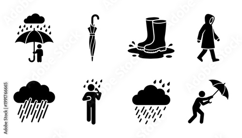 Rainy weather icon set, black silhouette rainy day symbols, 8 weather icons with umbrella and rain boots, autumn storm and monsoon season vector
