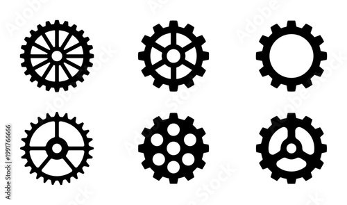 Industrial gear silhouette set, 6 mechanical cogwheel vector icons, black clockwork engine parts, technical machinery hardware elements for engineering