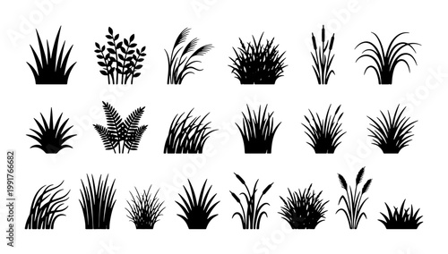 Black grass silhouette collection, 21 botanical plant icons, wild meadow weeds and field greenery vector set, garden landscape design elements