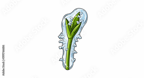 A green sprout encased in ice, with frost clinging to its outer edges