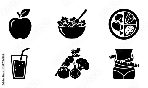 Healthy diet icons set, black solid nutrition symbols with apple and salad bowl, weight loss and balanced meal vector illustrations for wellness apps