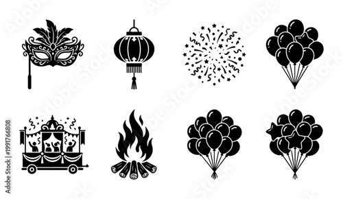 Festival and celebration icon set, black carnival party symbols, 8 vector elements including masquerade mask, fireworks, balloons, and parade float