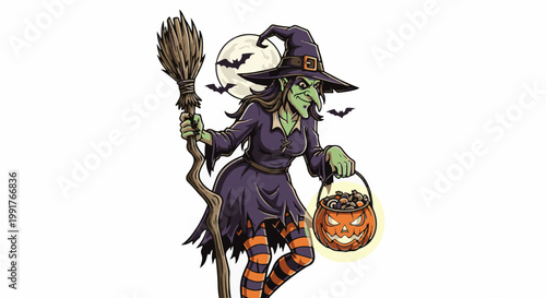 A green-skinned witch with a pointy hat and broom gathers treats in a jack-o'-lantern pail