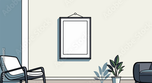 A minimalist living room with a blank framed picture, armchair, and potted plant
