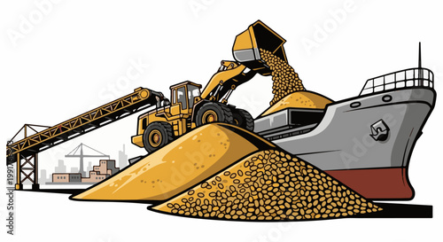 A loader transfers grain to a large ship at a bustling industrial port