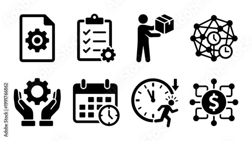 Business management icons set, productivity and workflow optimization symbols, logistics and financial planning vector elements for corporate presentation
