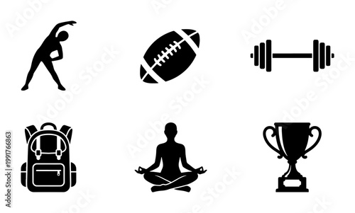 Fitness and sports icon set, black minimalist gym symbols, collection of 6 vector icons including yoga, barbell, trophy, and football for workout apps