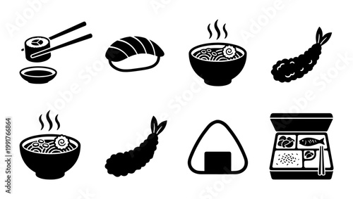 Japanese food icon set with sushi and ramen, black and white oriental cuisine vector elements, 8 minimalist restaurant menu illustrations