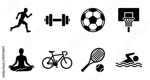 Sports and fitness icon set, black silhouette athletic symbols, 8 vector elements for gym and workout apps, minimalist health and exercise signs
