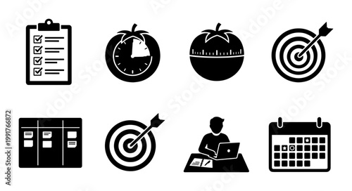 Pomodoro technique productivity icons set, time management and task planning symbols, 8 black vector elements for workflow optimization