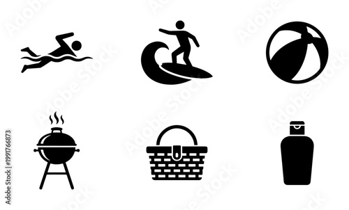 Εκτύπωση καμβά Summer beach vacation icons set, black minimalist outdoor recreation symbols, 6