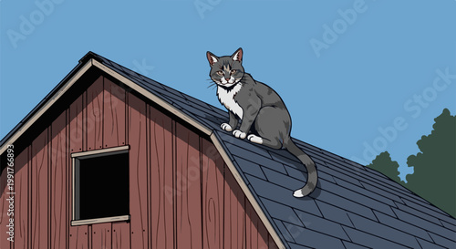 A grey and white cat perches on a rustic wooden building's dark shingled roof under a clear blue sky, with green trees in background