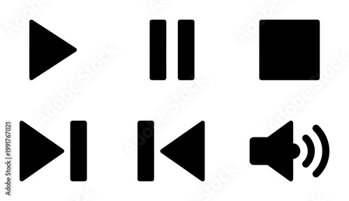 Minimalist media player icons set, black vector playback buttons, play pause stop skip and volume symbols for video interface design