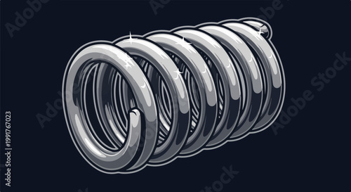 A grey, coiled metal spring with sharp highlights against a dark blue background