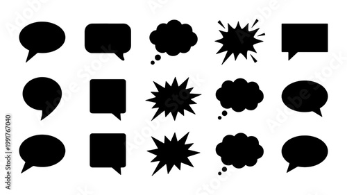 Black speech bubble silhouettes set, 15 comic book thought bubbles and chat icons, flat vector communication symbols for social media and dialogue