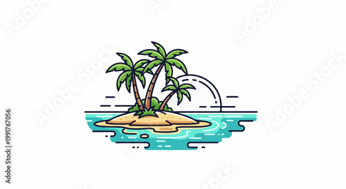 A minimalist pixel art illustration of a tropical island with palm trees surrounded by turquoise water