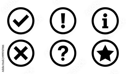 Minimalist interface icons set, black circular web buttons with checkmark and cross, information and alert symbols, vector UI elements for apps