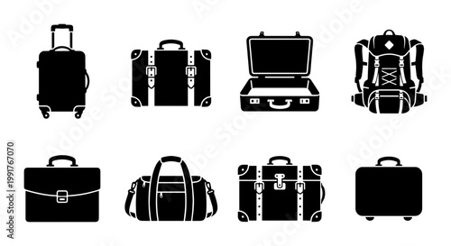 Travel luggage icon set, black silhouette suitcase and backpack vector collection, vintage trunk and modern briefcase symbols for tourism and business trip