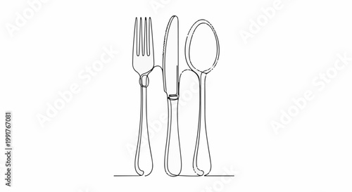 A minimalist line drawing of a fork, knife, and spoon arranged side-by-side