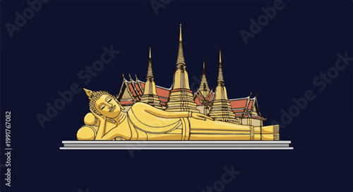A golden reclining Buddha statue rests peacefully before a backdrop of ornate, temple-like structures