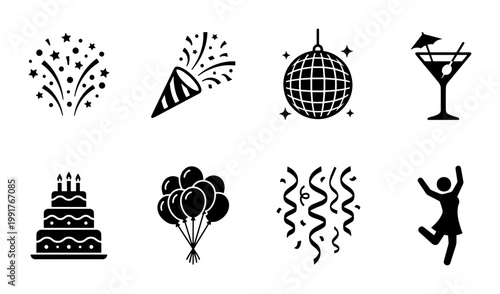 Party and celebration icon set, 8 black silhouette event symbols, birthday and nightlife vector elements for festive invitations and event planning