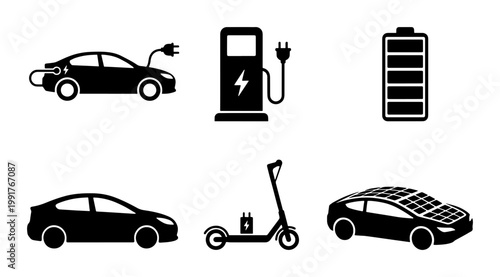 Electric vehicle icon set with EV car charging, solar powered automobile, electric scooter and battery level, black silhouette vector graphics