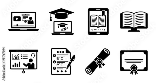 Online education icon set, 8 black e-learning vector symbols, digital school and distance learning elements, graduation and academic certification graphics