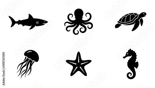 Minimalist sea life icon set, black silhouette ocean animals vector collection, 6 marine creature symbols for aquatic branding and signage