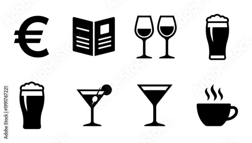 Restaurant and bar icon set, 8 black minimalist beverage symbols, cafe menu and euro currency vector elements for hospitality signage