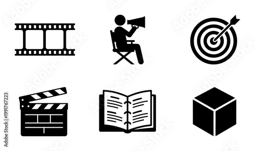 Minimalist cinema and media production icons set, black movie director and film industry symbols, creative storytelling and marketing vector elements